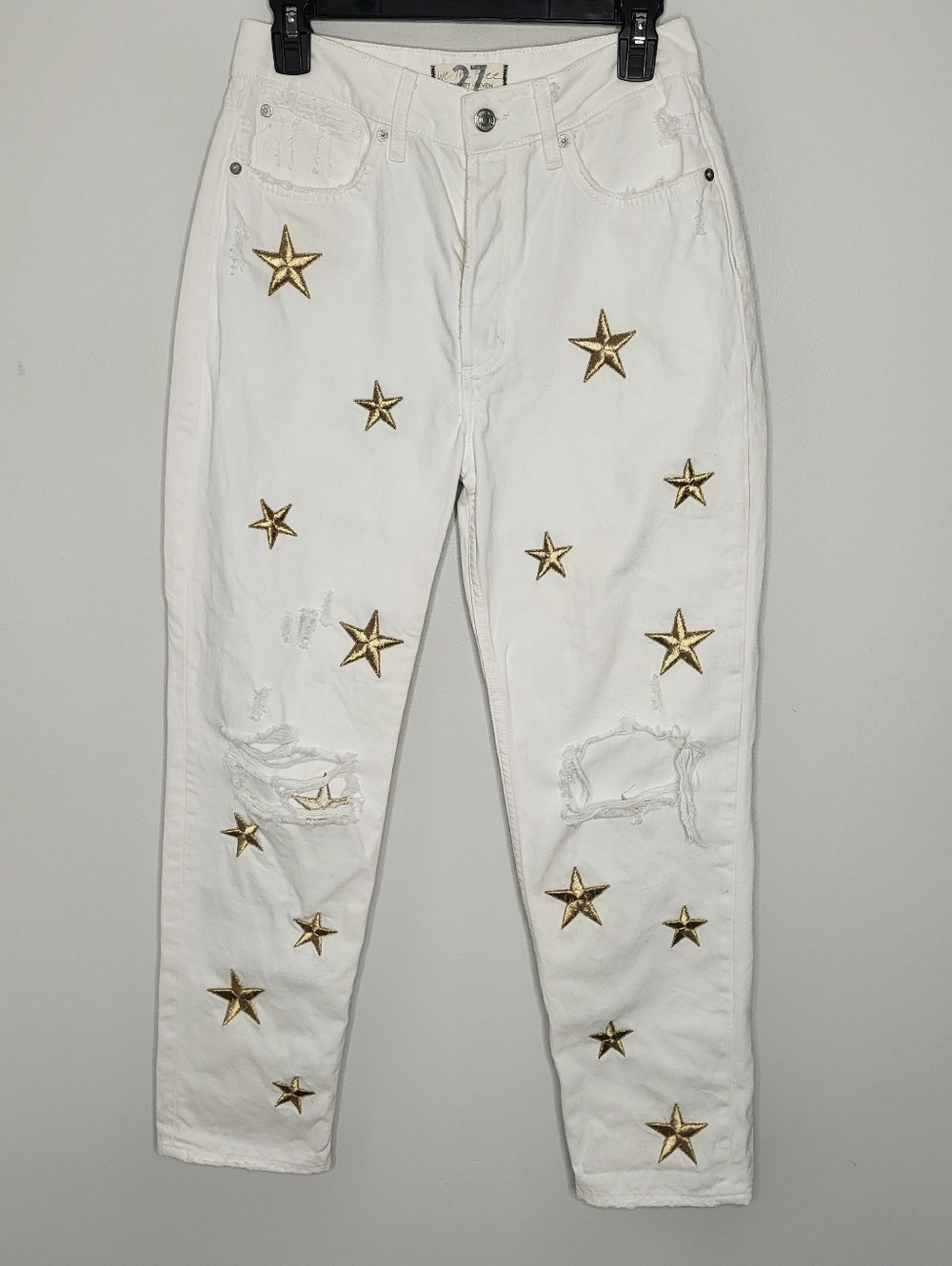 Free People Fast Times Star Mom Jeans Size 27 White Distressed Embroidered